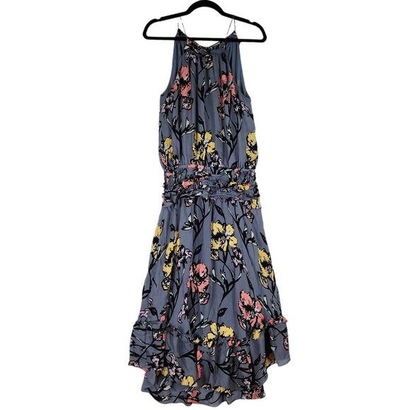 Ramy Brook 100% Silk Blue Floral Midi Dress Halter Tie Tassel Top Designer Dress - Picture 1 of 11